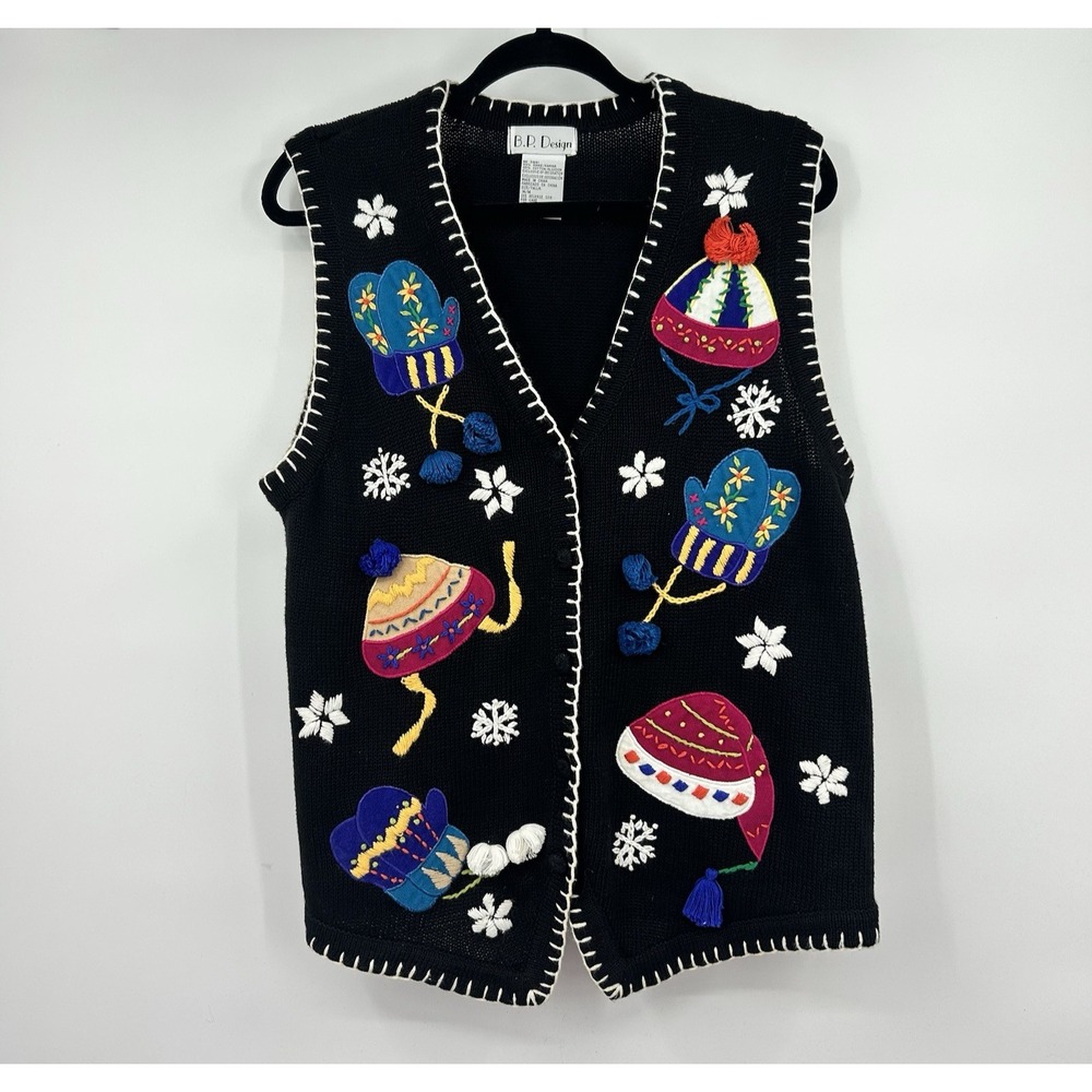 Vintage 90s B.P. Design Winter Sweater Vest M Hats Mittens Embroidered
